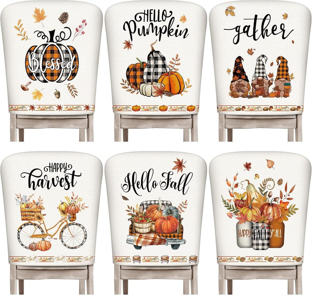 Moukeren Thanksgiving Chair Back Cover Set of 6 Fall Pumpkin Slipcovers Stretch Dining Chair Back Covers Farmhouse Removable Elastic Seat Protector for Home Thanksgiving Harvest Party Kitchen Decor