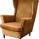 MIFXIN Wingback Chair Slipcover 2-Piece Velvet Stretch Wing Chair Slipcovers with Cushion Cover Removable Washable Armchair Furniture Protector for Living Room (Camel)