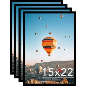 15x22 Picture Frame Set of 4 Black for Wall Hanging, Wall Mounting Horizontally or Vertically, 15 x 22 Wall Gallery Poster Photo Frame with Shatter Resistant Plexiglass, 4 Pack, Black