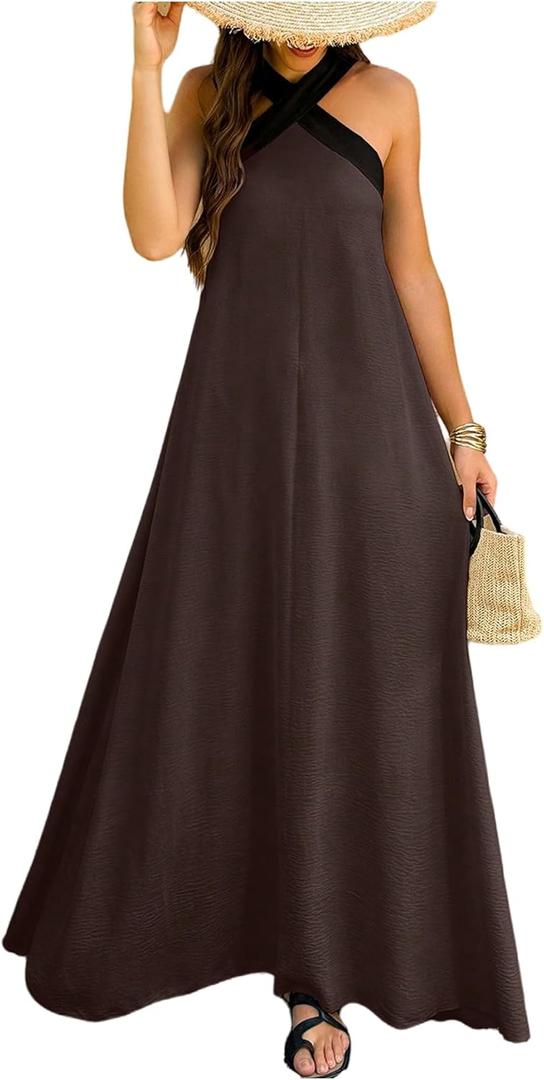 OYOANGLE Women's Color Block Criss Cross Sleeveless Flowy Maxi Dress Beach Vacation Dresses, Small