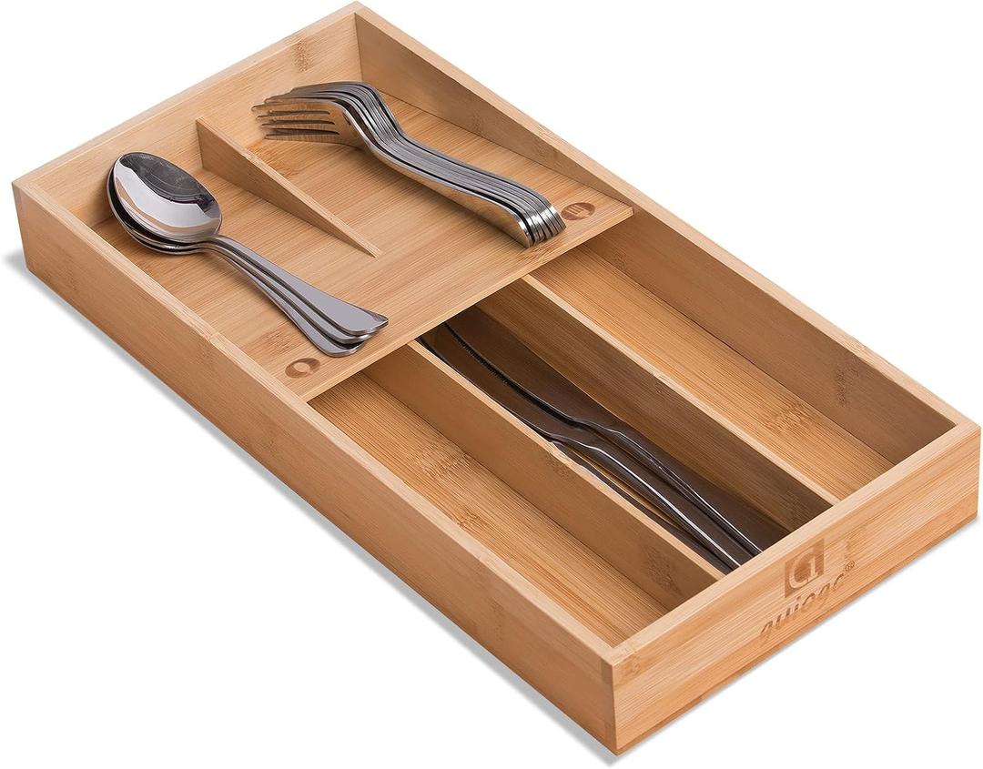 guiogc Bamboo Silverware Organizer, Kitchen Silverware Drawer Organizer, Utensil Tray Holder, Cutlery Tray for Spoons, Forks, Knives