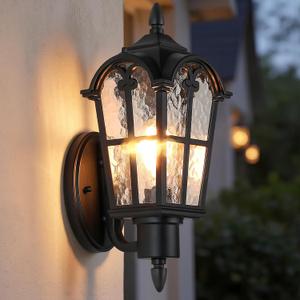 20’’ Extra Large Outdoor Wall Light Fixture, Exterior Wall Lantern Sconce | Waterproof, Rust-resistant, Matte Black, Water Ripple Glass, Quick & Easy Installation, Retro & Traditional