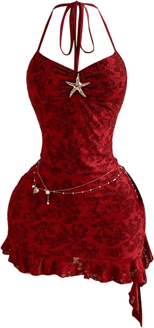OYOANGLE Women's Floral Lace Starfish Decor Bodycon Mini Dress Ruffle Halter Night Out Party Dress