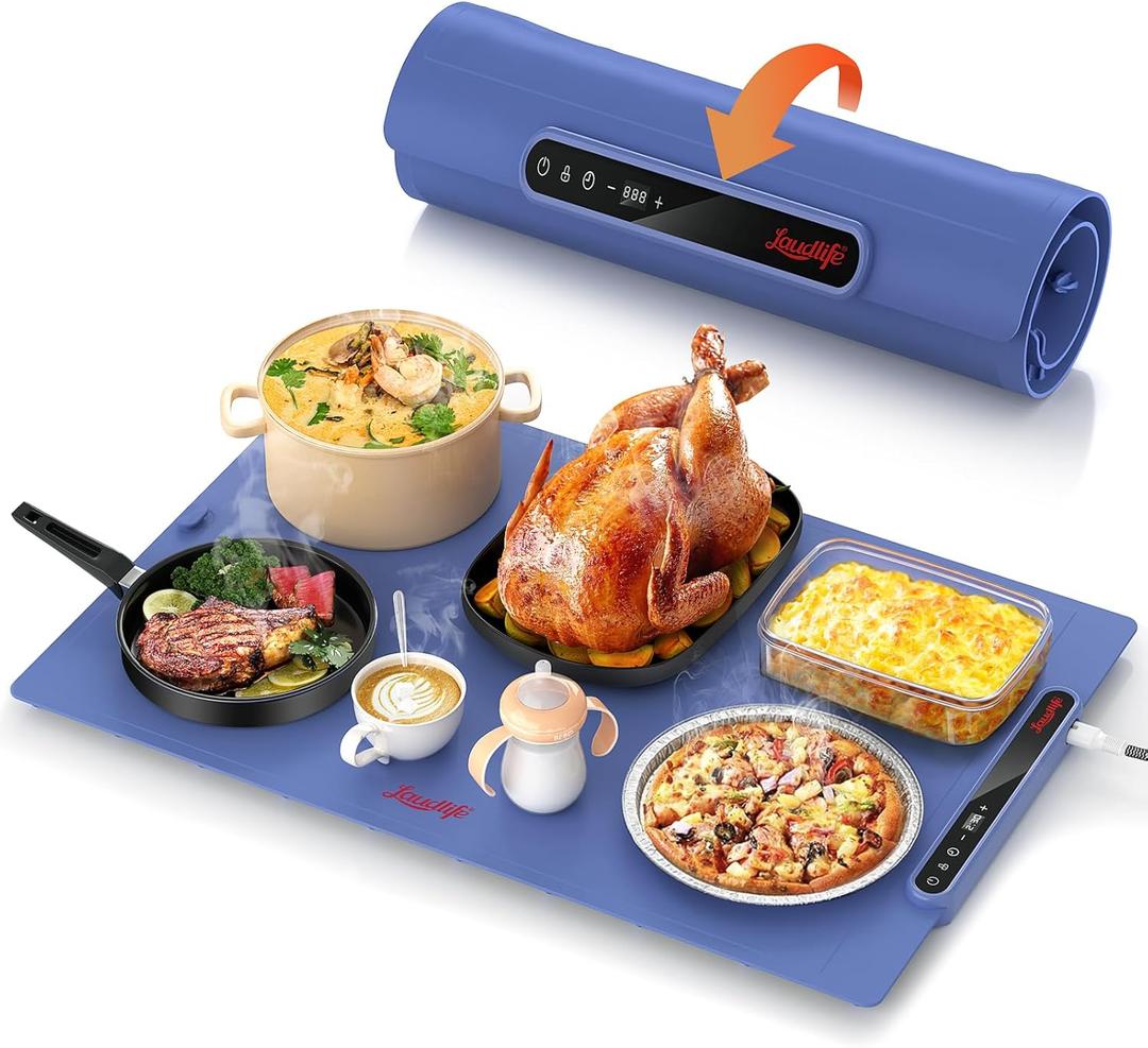 Laudlife Electric Warming Mat for Food, Roll-Up Silicone Heating Pad with 7 Adjustable Tempmaster Levels, Foldable Warming Tray for Countertop,Buffet Party, Kitchen & Home, Child Lock, Dark Bule (24x16 inch)