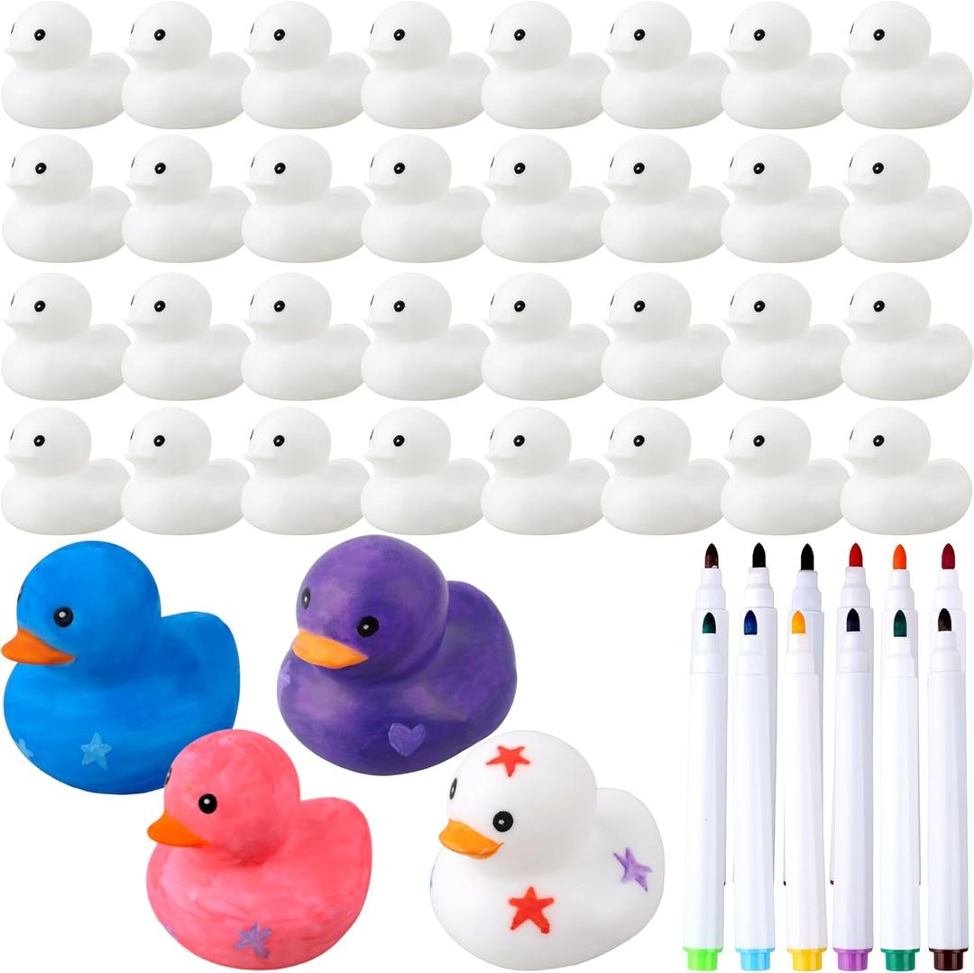 36 Pcs 2 Inch White Blank Rubber Ducks DIY Ducks Bulk Float Bath Toy Squeaky Duckies with Pens of 12 Colors for Baby Gifts Birthday Pool Activity Supplies