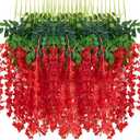 24pcs Wisteria Hanging Flowers,3.6 FT Fake Wisteria,Artificial Wisteria Hanging Flowers Wisteria Garland Arch Silk String for Wedding Garden Party Outdoor Home Wall Decoration (24pcs red)