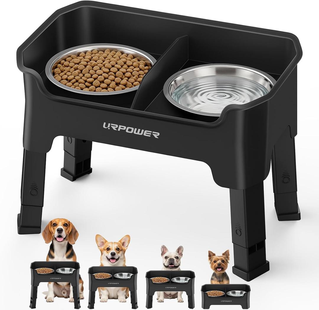 URPOWER Mess Proof Elevated Dog Bowls, High Wall Splash Guard Design, 4 Height Adjustable Raised Bowl Stand, 2 Stainless Steel Bowls, Non-Slip Food Water Set for Small, Medium Dogs
