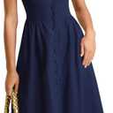 RIHOAS Casual Dresses for Women Short Sleeve Square Neck Midi Dress | Elegant,Botton,Puff Sleeve,A-Line,Cotton linen,Church,Vacation,Semi Formal,Beach,Retro,X Cross,Summer (Blue, L)