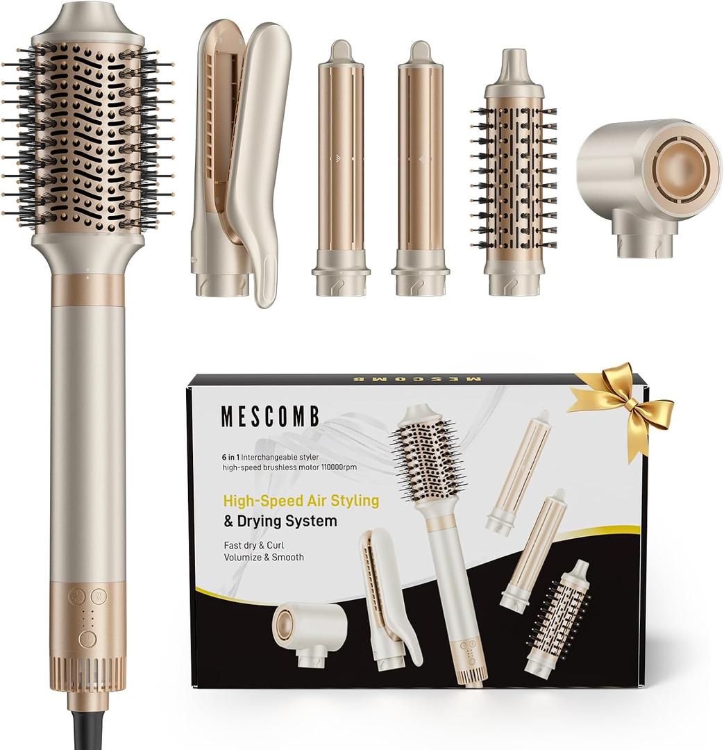 MESCOMB 6 in 1 Hair Dryer and Straightener, Hot Air Styler Wrap - Fast Drying, 1400W Air Dryer with Straightener, Frizz-Free Blowout Brush for Smoothing & Curling, Volumizing
