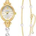 CARLIEN Women's Petite Vintage Gold Tone Pearls Bracelet Quartz Watch Elegant Dainty Oval Dial Alloy Strap Stylish Casual Dress Analog Wristwatch Waterproof