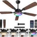 OUTON 52" Ceiling Fan with Light, Remote & APP Control, Low Profile RGB Ceiling Fans Light, Reversible, 6 Speeds, 3000-6500K Stepless Dimming, Modern Ceiling Fan for Bedroom Indoor/Outdoor Use Walnut
