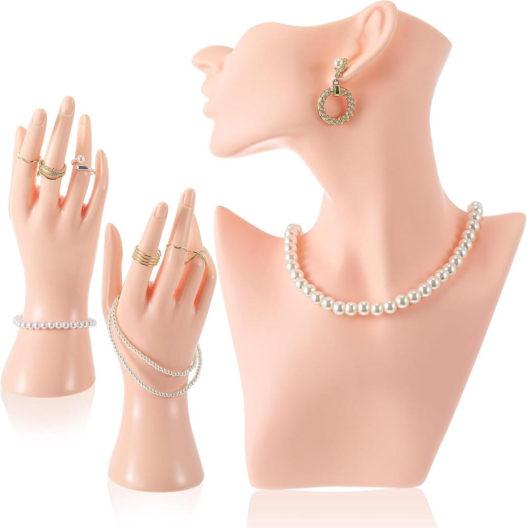 Kigley 3 Pcs Jewelry Mannequin Display Set Including Boutique Bust Holder Mannequin Earring Stand Hand Display Bracelet Ring Stand for Selling Show(Skin Color)