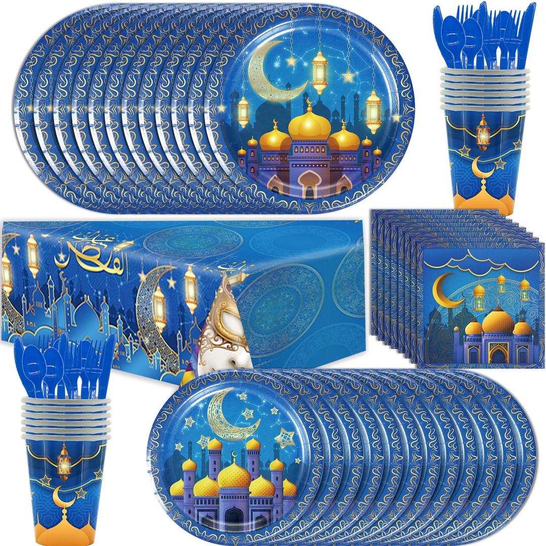 Ramadan Mubarak Supplies Eid Al-fitr Hari Raya Mosque Disposable Tablewares Cobalt for 12-Persons Includes Paper Plates, Cups, Napkins, Set of Plastic Cutlery and Tablecloth