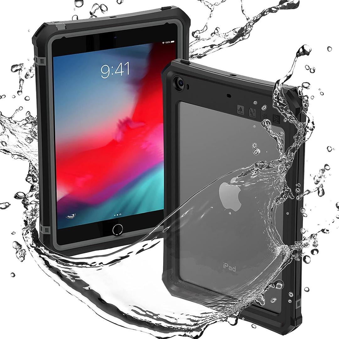 ShellBox Case for iPad mini 5/4 7.9 Inches,Full-Body Protective Bumper Case,with Pencil Holder,Rugged Folding Kickstand,Lanyard,IP68 Waterproof Dustproof Heavy Duty Shockproof Case for iPad (Black)