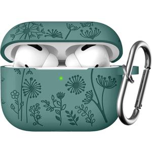 Lerobo for AirPods Pro 2 Case Cover, Flower Engraved Case Compatible with Apple Airpod Pro Case 2nd / 1st Generation, Cute Soft Silicone Protection Cover for Wowen with Keychain Accessories,PineGreen