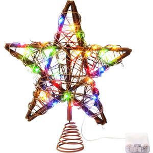 Christmas Star Tree Toppers Rattan Natural Xmas Tree Topper Lighted with 10 Inch 50led Warm White Lights, Rustic Star Treetop for Christmas Ornament Indoor Party Decoration