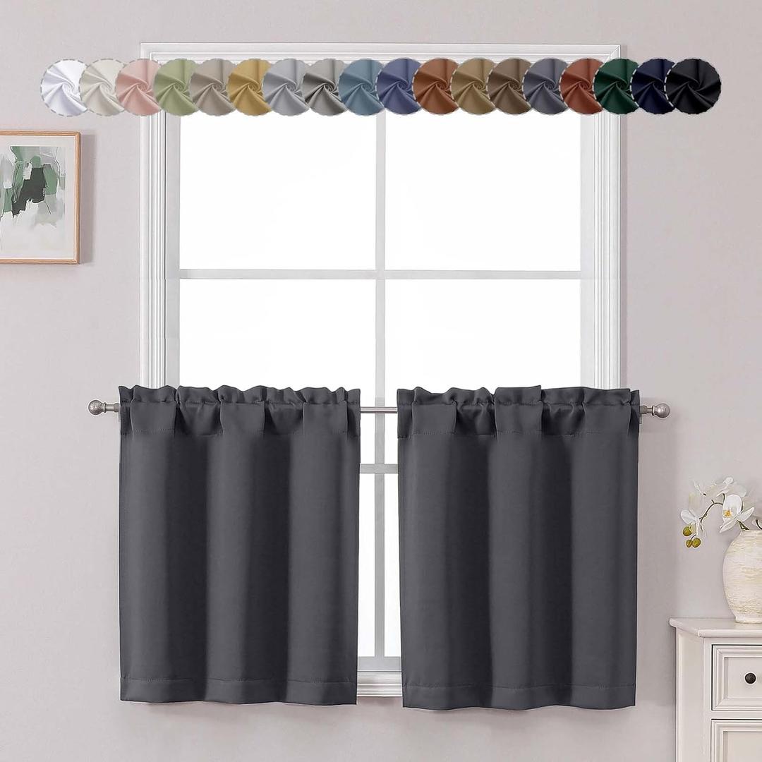 Chyhomenyc Charcoal Grey Short Blackout Curtains 24 Inch Length, Small Kitchen Curtain Tier Rod Pocket Half Window Curtains for Bathroom Basement Cabinet Camper RV Bunk, 2 PCS, Each 30" Wx24 L