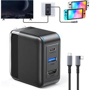 65W Switch Dock Adapter, (3-in-1) PD Charger Port+ 4K HDMI 2.1+UAB A Port, Switch Portable Dock for Nintendo Switch1/OLED/Steam Deck, SwitchCharger with 3FT Charging Cable