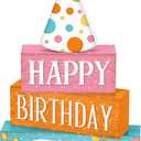 4 Pcs Birthday Table Decor Happy Birthday Wooden Sign Blocks Farmhouse Colorful Tiered Tray Decor Rustic Tabletop Centerpieces for Home Office Desk Shelf Mantel Party Decoration Supplies