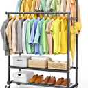 Clothes Rack with Double Rod for Hanging, Heavy Duty Clothing Rack Load 350 LBS with Lockable Wheel, Free Standing Garment Rack with 2 Shelves and Side Hooks for Home Commercial (Black)