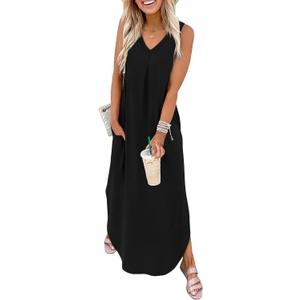 OFEEFAN Maxi Dresses for Women 2026 Loose V Neck Sleeveless Casual Beach Vacation Dress Side Slit Sundresses with Pockets (Black, M)