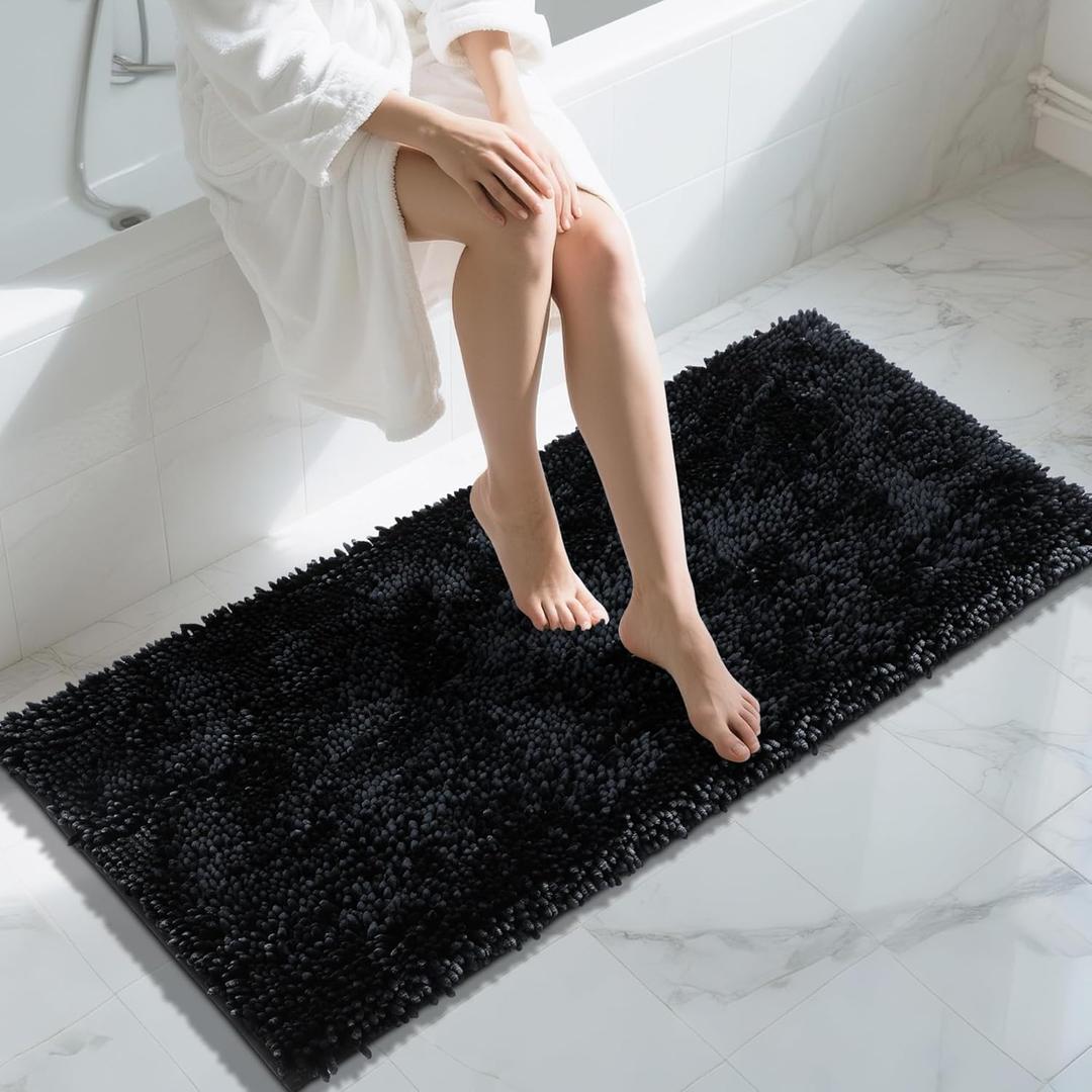 Yimobra Long Bathroom Rugs Runner 55x24 Inch, Extra Thick Soft Absorbent Chenille Bath Mat, Non Slip Machine Washable, Quick Dry Bath Rugs for Bathroom Floor, Tub and Shower, Black