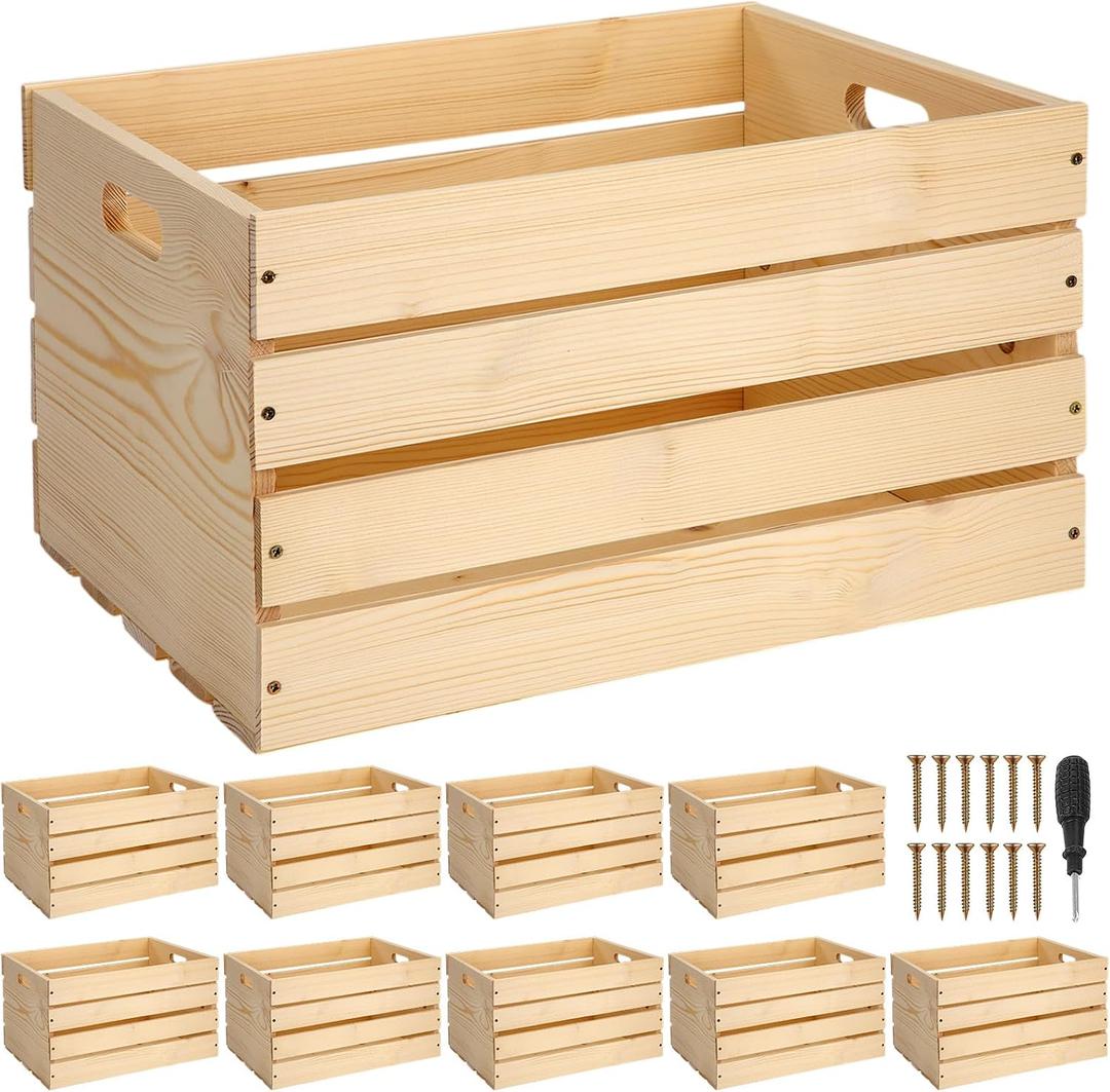 10 Pcs Large Pine Wooden Crates for Storage Unassembled 16.5 x 12.6 x 9.5'' Natural Wood Decorative Boxes Containers with Handle for Display Rustic Decor DIY Office Home Retail Art Craft