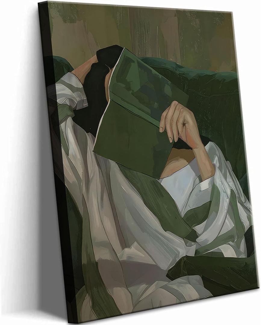 Emerald Green Reading Woman Canvas Wall Art Abstract Cozy People Wall Decor Pictures Minimalist Green Feminine Aesthetic Poster Print for Bedroom Living Room Home Decoration 16x24in