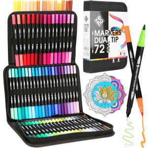 ZENO 72 Dual Tip Markers Set with Case  No-Bleed Coloring Markers for Adults - Art Pens for Color Books, Fine & Brush Tip - Watercolor Pens for Artists, Coloring, and Journaling