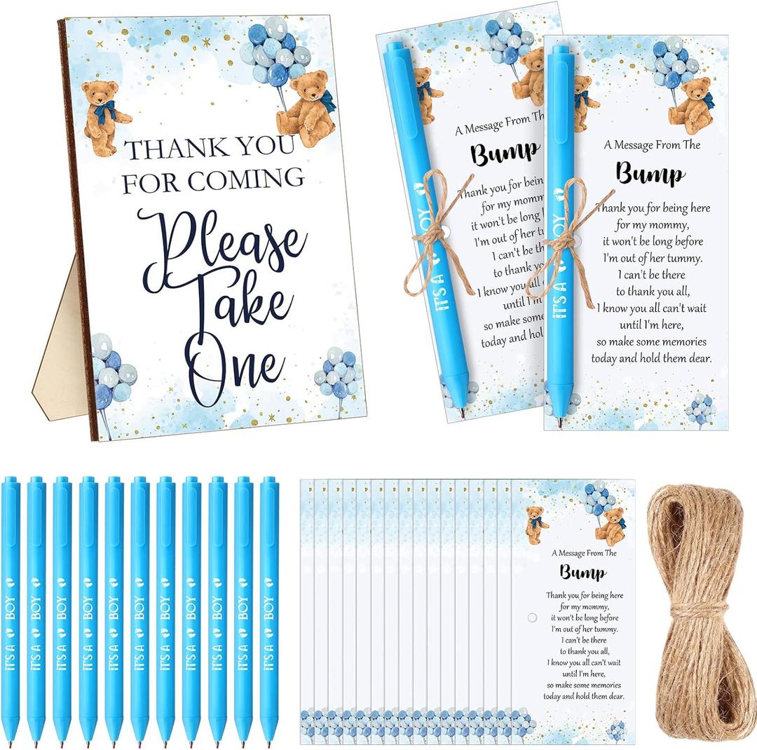 Sintuff 50 Set Baby Shower Favors for Guest 1 Thank You for Coming Sign 50 Ballpoint Pens 50 Thank You Cards with Twine Fall Baby Shower Return Gifts for Gender Reveal(Blue,Bear)
