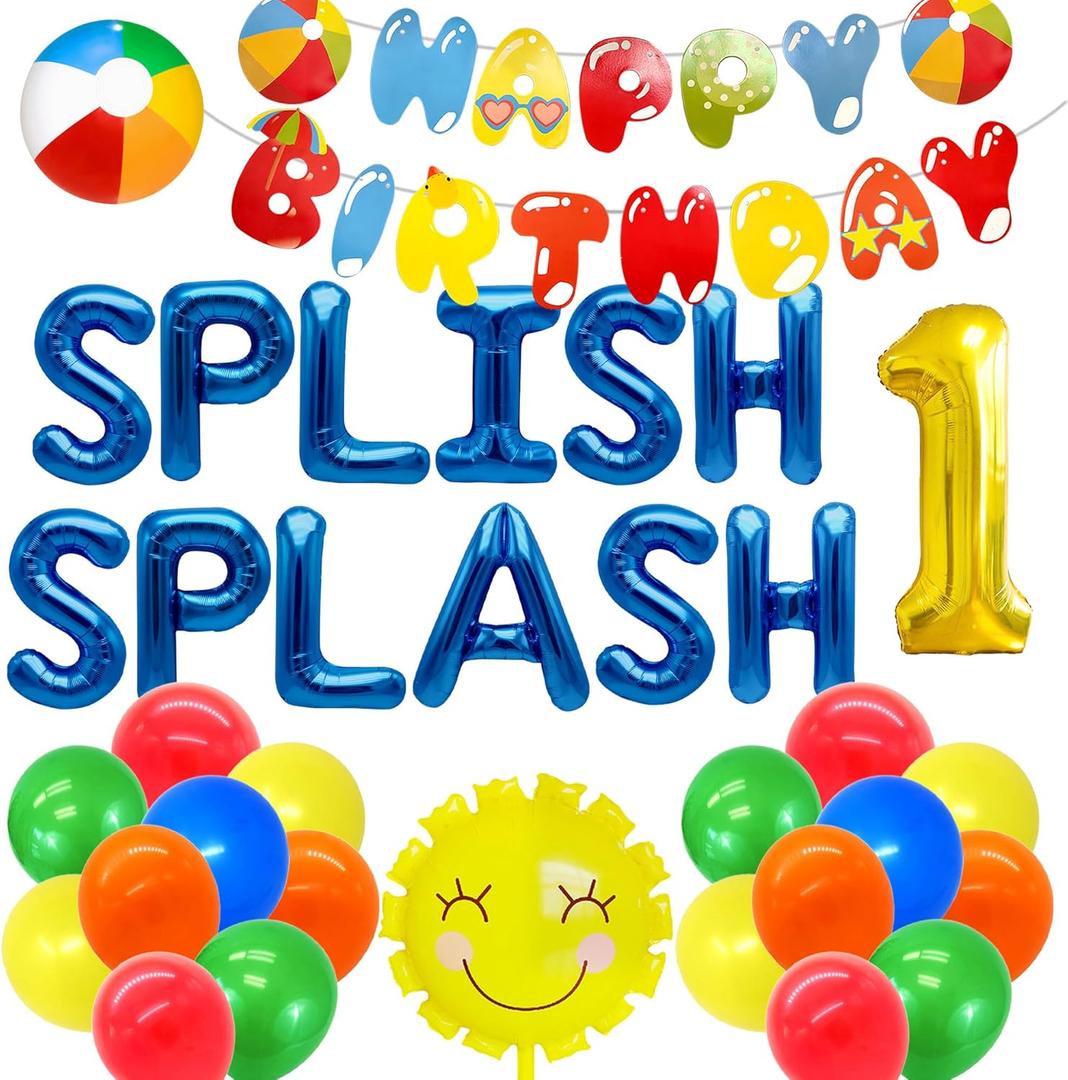 JeVenis Splish Splash 1st Birthday Decorations for One Year Old Boys Party Themed First Birthday for Summer Beach Party Hawaiian Luau Tropical Party Supplies (blue)