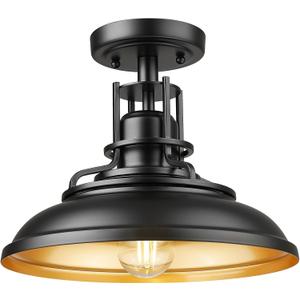 FEMILA Industrial Semi Flush Mount Ceiling Light, Outdoor Flush Mount Porch Light in Matte Black & Gold, 12" Farmhouse Front Porch Ceiling Lighting Fixture for Entryway, Hallway, Kitchen, 4FY15-F BK-1