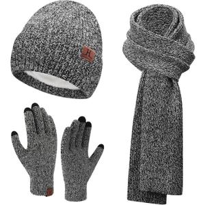 ZASFOU Womens Winter Knit Beanie Hats Touchscreen Gloves Long Scarf Set Warm Skull Caps with Fleece Gifts for Women (Gray)