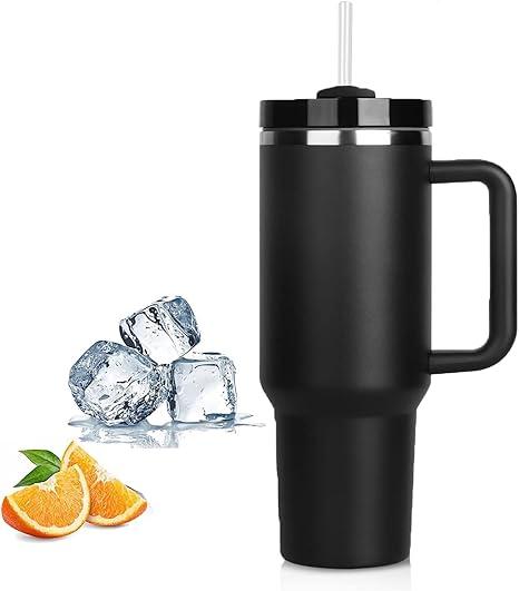 Insulated Coffee Mug, 40oz Stainless Steel Tumbler with Straw and Handle, Vacuum Insulated Double Wall Vacuum Travel Coffee Mug, Leakproof Coffee Cups Reusable (Black)