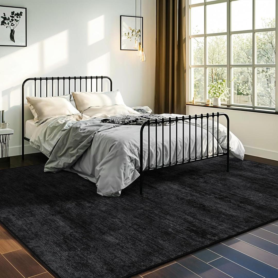 5x7 Washable Area Rug, Black Solid Area Rugs for Living Room & Bedroom
