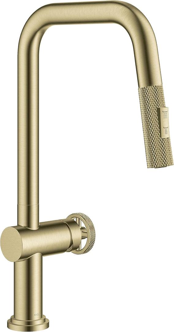 KRAUS Urbix Industrial Pull-Down Single Handle Kitchen Faucet in Brushed Gold, KPF-3126BG, Color: Brushed Gold, PERFECT FIT with optimized 16 1/8-inch height