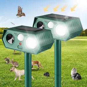 2025 Solar Animal Repellent,Upgraded Ultrasonic Cat Repellent Outdoor,Waterproof Deer Deterrent for Bird Dog Skunk,Squirrels Deterrent with Motion Detection Flash Lights for Outdoor and Yard (2 Pack)