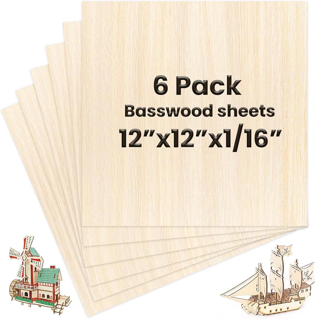 6 Pack Basswood Sheets 12 x 12 x 1/16 Inch Thin Wooden Sheet Unfinished Wooden Squares Boards Balsa Plywood Wood Sheets for Crafts Architectural Models Laser Cutting Wood Burning and Drawing