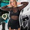 Women's Mesh Tops See Through Shirts Long Sleeve Bodycon Sheer Blouse Clubwear (Black, S)