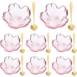 Set of 8 Pink Cherry Blossom Glass Bowls with Flower Spoons, Sakura Sauce Dishes Seasoning Little Bowl Japanese Flower Crystal Glass Appetizer Plates for Dipping Ice Cream (Classic)