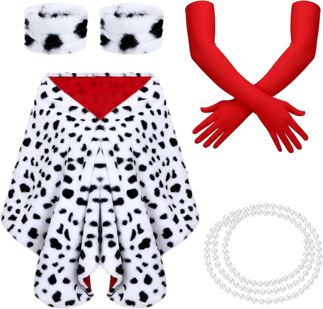 Tisancy 5 Pieces Halloween Dalmatian Shawl Set Women Faux Stole for Cosplay with 1920s Red Gloves Necklace Bracelet and Fake Stick Halloween Accessories for Adult