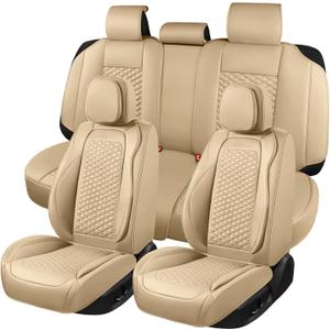 Car Seat Covers Full Set, Leather Seat Covers for Cars, 5 Pcak Breathable Seat Cover, Suitable for SUV/Truck/Sedan/Automotive (Beige)