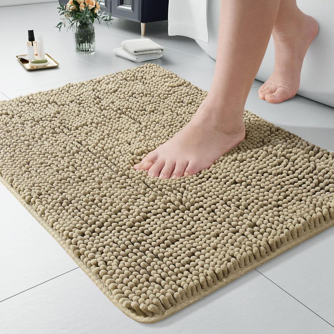 LOCHAS Luxury Bathroom Rug Shaggy Bath Mat 24 x 17 Inch, Washable Non Slip Bath Rugs for Bathroom Shower, Soft Plush Chenille Absorbent Carpets Mats, Beige