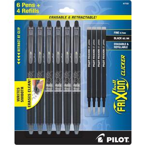 PILOT Frixion Erasable Pens Retractable Gel Ink, Pack of 6 Black Ink Pens + 4 Bonus Refills, Fine Point 0.7 mm Erasable Gel Pens