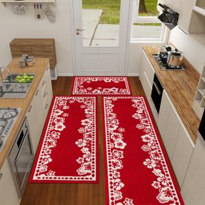 Kitchen Rugs Set of 3, Japanese Cherry Blossom Kitchen Mats for Floor Nylon TPR Non-Slip Washable Sink & Standing Mats Absorbent Resist Dirt Kitchen Runner Floral Rug (Red, 20"x59"+20"x47"+20"x32")