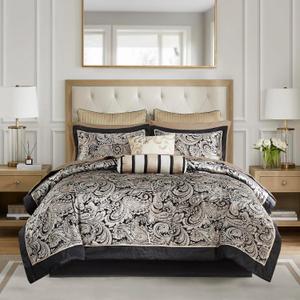 Madison Park Aubrey Cozy Comforter Set, Faux Silk Jacquard Paisley Design - All Season Down Alternative Bedding with Cotton Bed Sheets, Bed Skirt & Toss Pillows, Queen Black 12 Piece