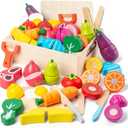 32 Pcs Wooden Play Food Sets for Kids Kitchen Accessories, Montessori Educational Toys Food, Pretend Play Food for Toddlers, Velcro Fruits and Vegetables Cutting Set for Kids Boys Girls