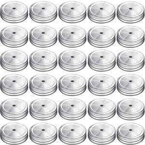 Gisedkle 30 Pcs Regular Mouth Mason Jar Lids with Straw Hole Compatible，Metal Mason Canning Lids Decorative Mason Jar Caps for Drinking&Food Storage.