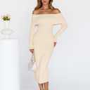 MEROKEETY Women's Winter Off Shoulder Bodycon Sweater Dress 2026 Spring Formal Long Sleeve Elegant Club Party Midi Dresses (White) Medium