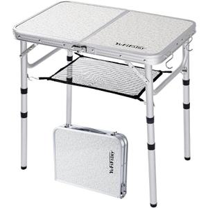 YUFIFAIRY Small Folding Camping Table, 2ft Portable Table with 3 Adjustable Heights, Aluminum Lightweight Foldable Picnic Table with Mesh Layer and Extension Legs for RV, BBQ and Indoor (Silver)